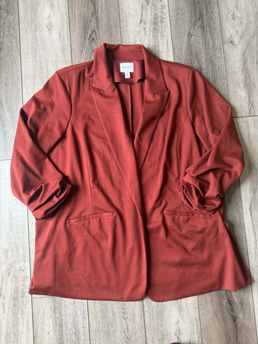 Nine West Women's Plus 3X Open-Front Ruched Sleeve Blazer Rust Terracotta